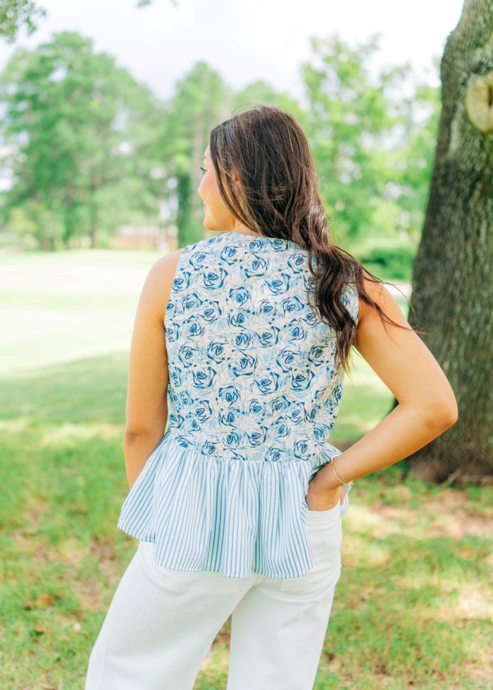 Blue Floral & Stripe Peplum Bow Top - Image 2